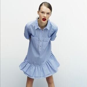 EUC Zara Blue White Striped Mini Shirtdress Size M Ruffle Hem Cotton Poplin